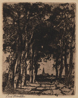 KG 1987 034
<br/>
Laantje met bomen en een kerktoren
<br/>
<em>Windt, Christophe ('Chris') van der (1877-1952)</em>